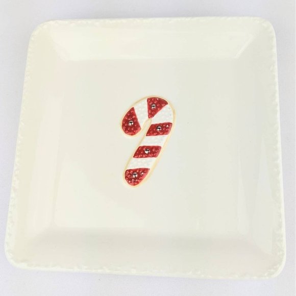 Santa Cookie Plate Red White Candy Cane | Square White Plate Hallmark Holiday - Picture 7 of 9